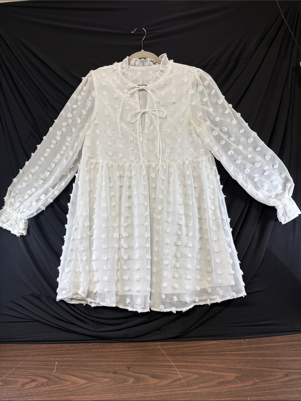 ' White Swiss Dot Long Sleeve Dress with Tie Neck